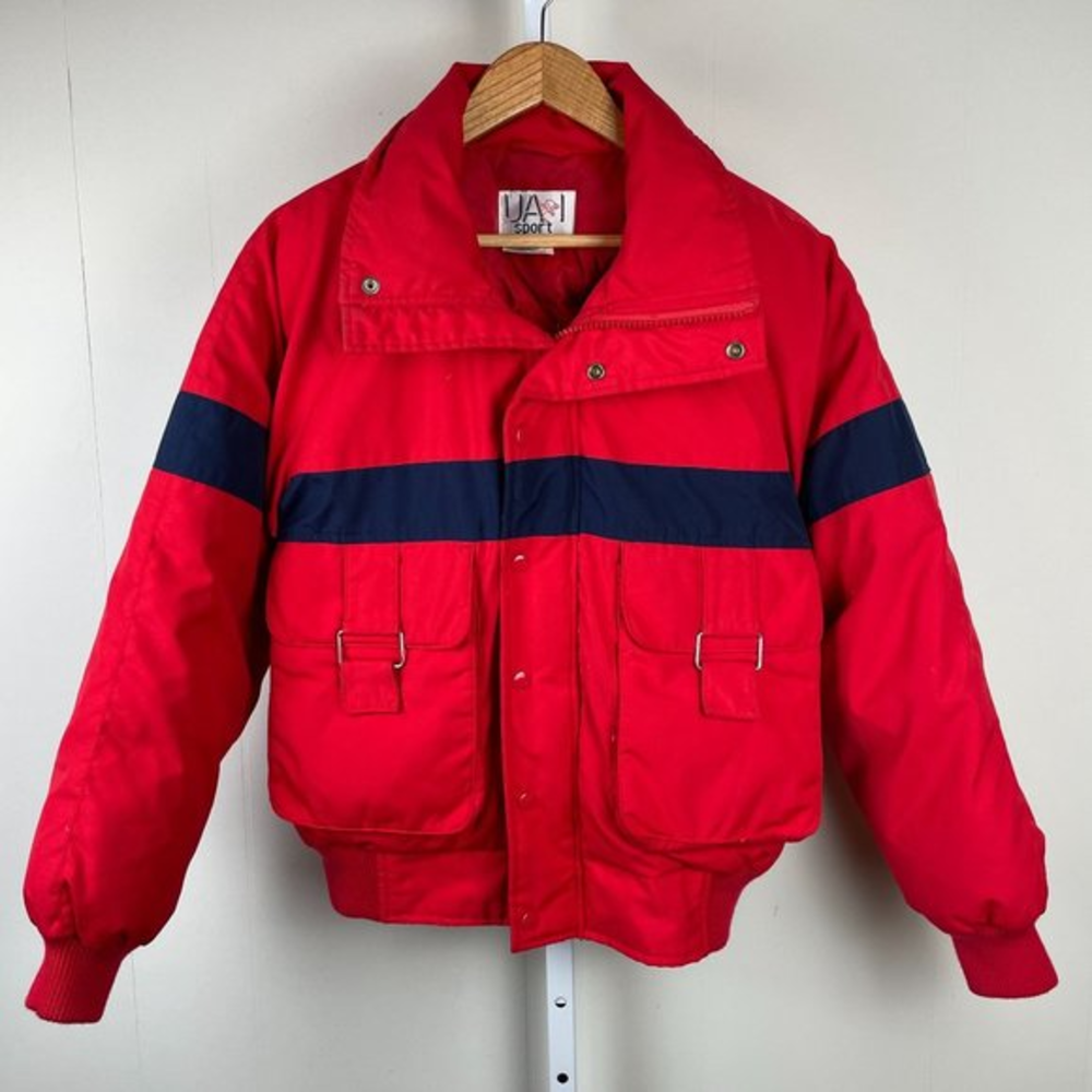 Vintage‎ UAI Sport Coat Down Filled Red Navy Blue Ski Winter Puffy Mens Small